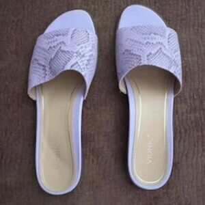 Vionic Lilac & Gray Snakeskin slide sandals